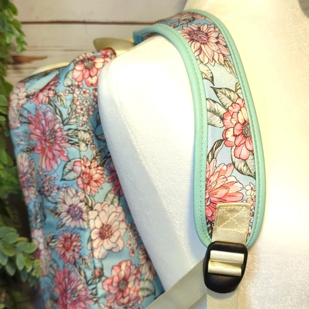 Chrysanthemum Floral Teal and Pink Women's Backpack Purse Satin Feminine Girly‎